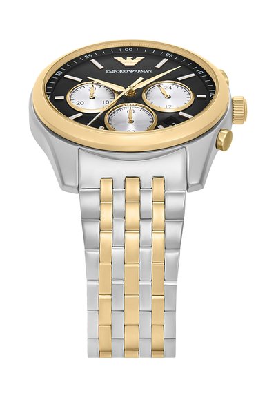 Montre-bracelet pour homme Emporio Armani avec cadran noir, bracelet en acier inoxydable doré et argenté, lunette dorée, trois sous-cadrans, aiguilles et index dorés.