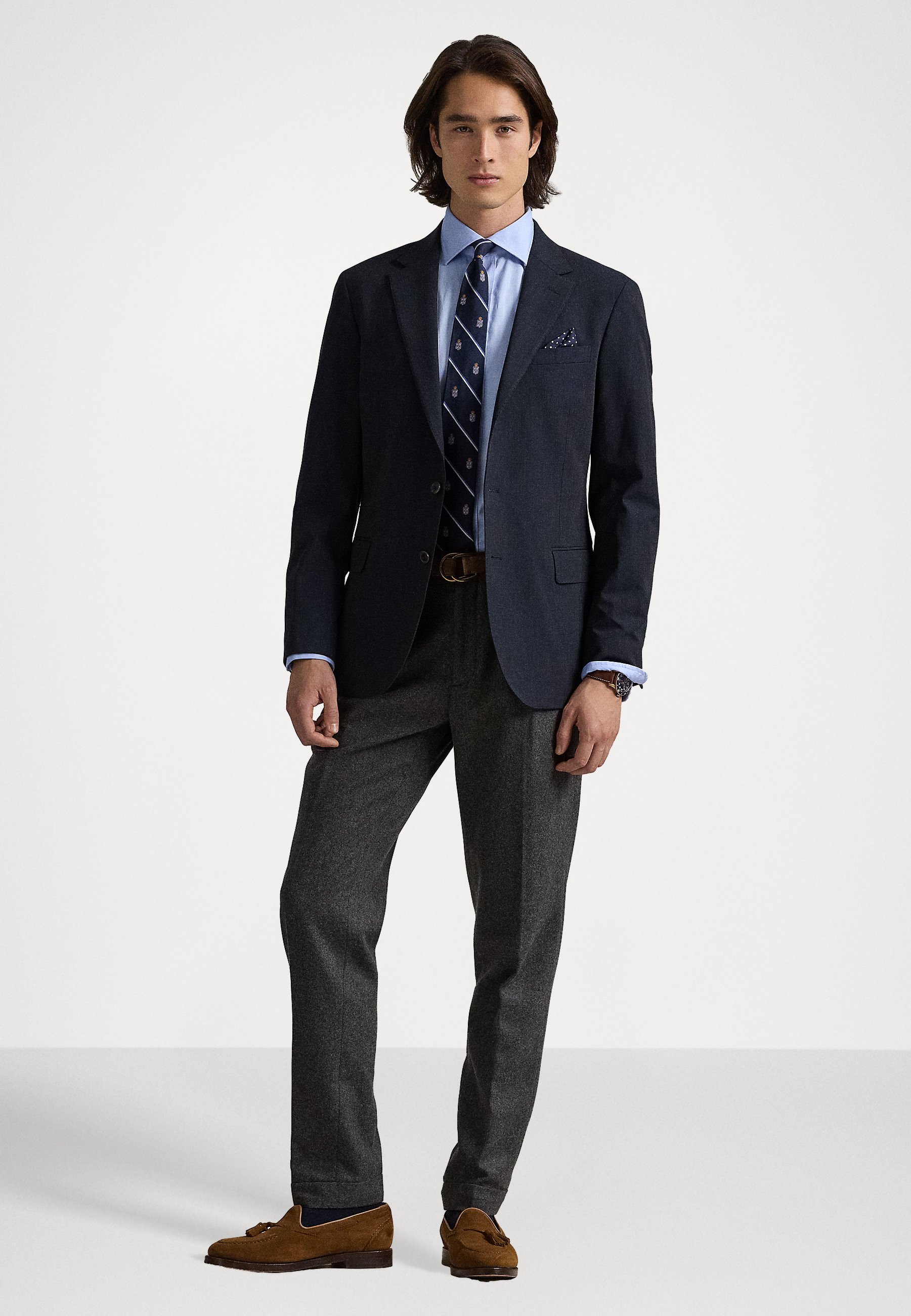 blue blazer grey trousers brown shoes