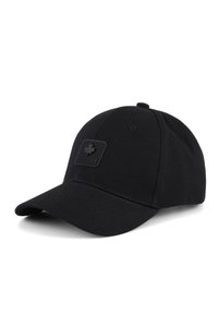 Black baseball cap made of textured fabric, featuring a front patch with a maple leaf and the word "CANADIAN." Curved brim design.