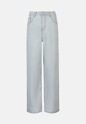 Lysblå brede bukser lavet af denim, med høj talje, frontlukning med knap, bæltestropper og klassisk fem-lommeredesign.