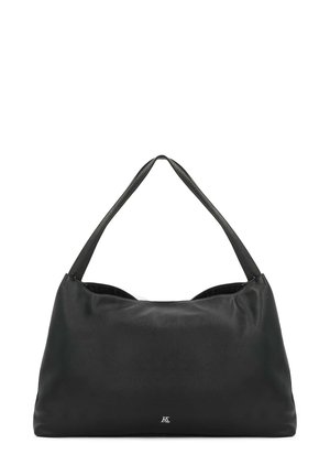 Black leather shoulder bag with a soft texture, spacious design, and two wide straps. Features a small logo on the front.