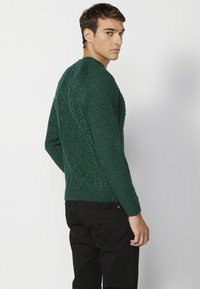 Groene gebreide trui met een gestructureerd patroon en geribbelde manchetten, gedragen met zwarte broek, vanachter bekeken, met gedetailleerde stiksels.