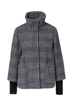 Grau melierte Wollmischjacke mit kariertem Muster, hohem Kragen, zwei Fronttaschen und schwarzen gerippten Bündchen.