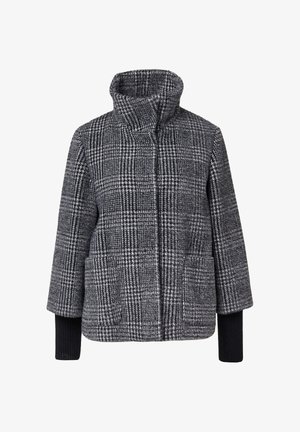 Grau melierte Wollmischjacke mit kariertem Muster, hohem Kragen, zwei Fronttaschen und schwarzen gerippten Bündchen.
