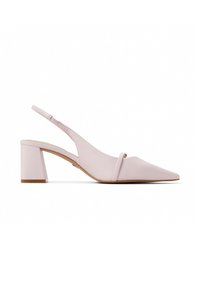 Escarpin slingback rose clair avec un bout pointu, un talon bloc et un design minimaliste à bride. Matière lisse avec un léger éclat.