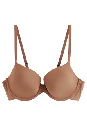 Barna párnázott, merevítős melltartó állítható pántokkal. Simább anyagból készült, zökkenőmentes kialakítással és diszkrét varrási részletekkel.