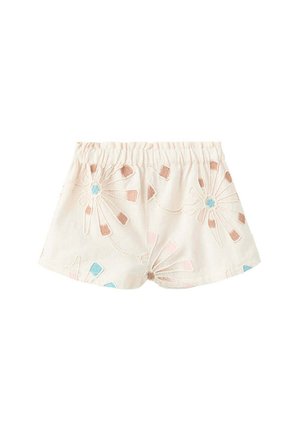 Short pour tout-petit couleur crème avec taille élastique et grands motifs floraux brodés en rose pastel, marron et bleu.