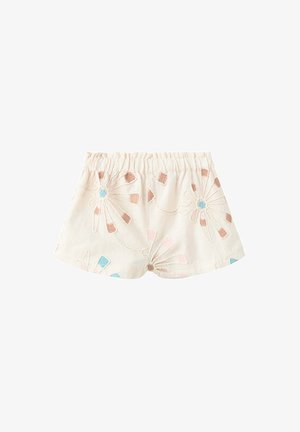 Short pour tout-petit couleur crème avec taille élastique et grands motifs floraux brodés en rose pastel, marron et bleu.