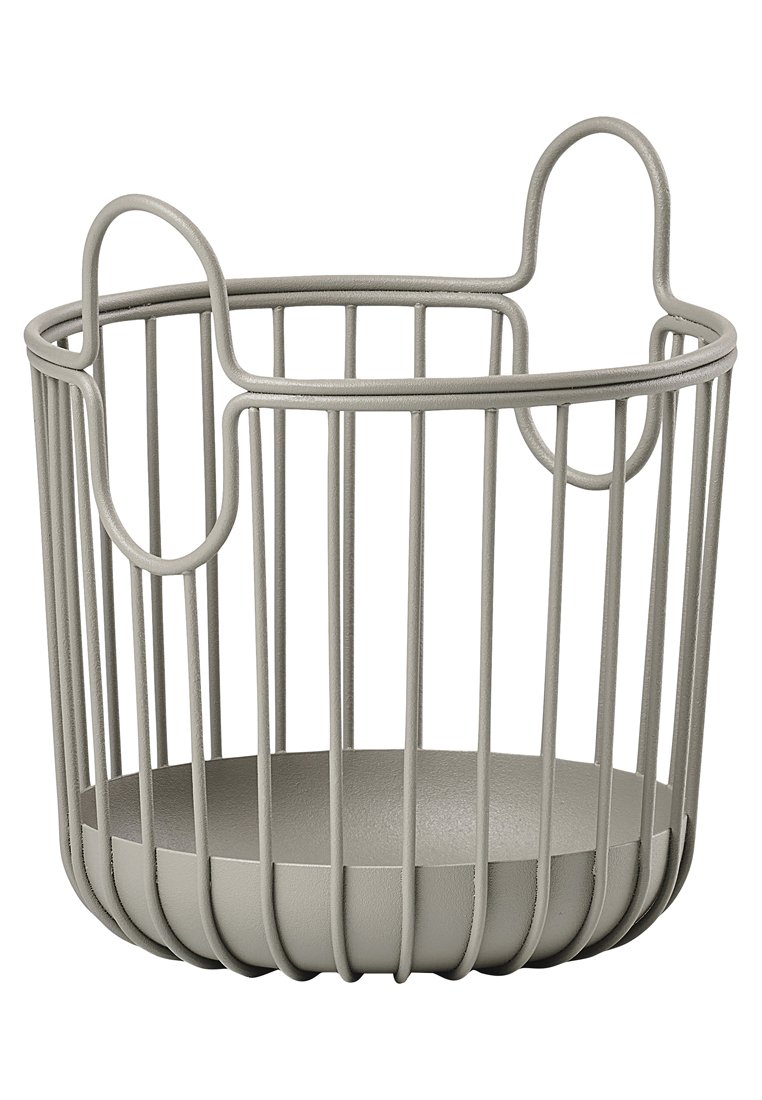 Panier de rangement en métal gris clair, de forme cylindrique, avec un design en fil ouvert et deux poignées arrondies pour un transport facile.