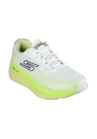 Scarpa da corsa bianca e giallo neon con tomaia in mesh, suola testurizzata, logo nero e collo imbottito per un comfort ottimale. Presenta un design slanciato.