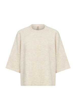 Maglione oversize color beige chiaro con una lavorazione a maglia testurizzata, scollo tondo e maniche raglan ampie. Design semplice senza ulteriori decorazioni.