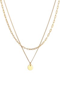 Collana a strati in oro con una catena fine e una catena a maglie più spesse, con un piccolo pendente circolare attaccato. Finitura liscia e lucida.