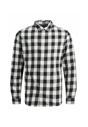Chemise à carreaux noir et blanc avec des manches longues, un col, une fermeture à boutons et une texture en coton douce. Présente un motif écossais classique.