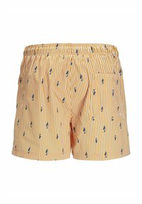 Costum de baie galben cu dungi verticale albe, având mici modele de pești albaștri și un buzunar pe spate. Fabricat dintr-un material ușor.