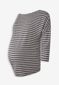 Raskas äitiysblusa tummanharmaana, jossa on valkoisia vaakaraitoja, venepääntiellä ja kolmessa neljänneksessä hihoilla, valmistettu pehmeästä ja joustavasta kankaasta.