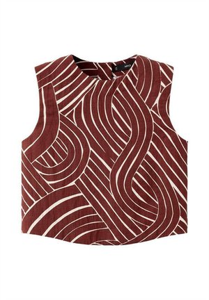 Crveni top bez rukava s bijelim valovitim uzorkom, okruglim izrezom i ležernim krojem. Izrađen od lagane tkanine, prikladan za svakodnevno nošenje.