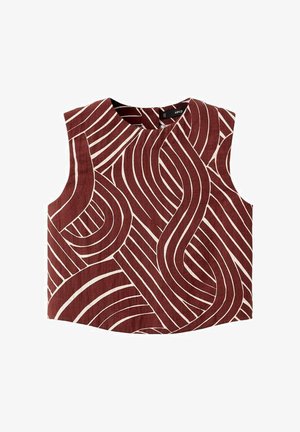 Top roșu fără mâneci, cu model alb unduit, croială largă și decolteu rotund. Realizat dintr-un material ușor, potrivit pentru ținute casual.