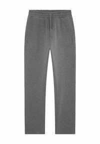 Pantalons de survêtement gris en tissu doux, avec une taille élastique à cordon de serrage et des poches latérales, conception à jambe droite.