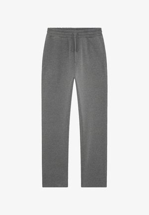 Pantalons de survêtement gris en tissu doux, avec une taille élastique à cordon de serrage et des poches latérales, conception à jambe droite.