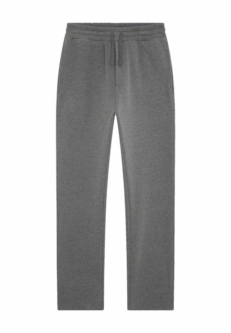 Pantalons de survêtement gris en tissu doux, avec une taille élastique à cordon de serrage et des poches latérales, conception à jambe droite.