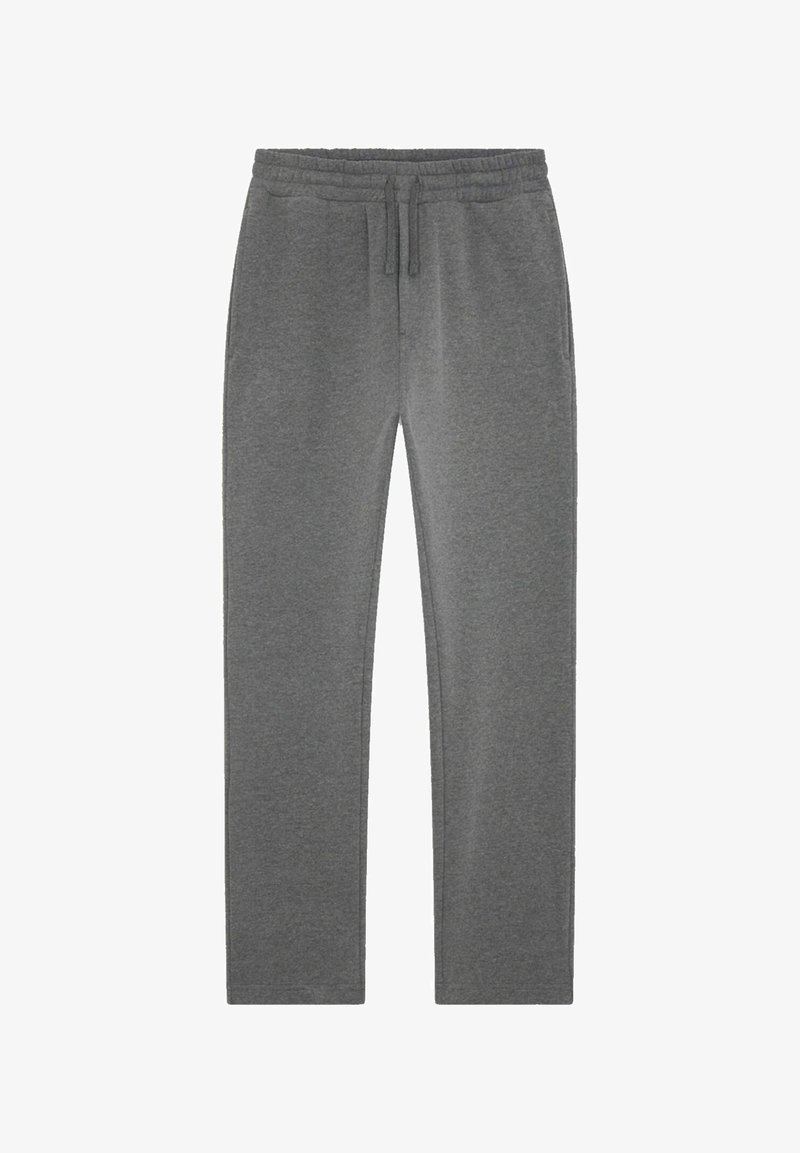 Pantalons de survêtement gris en tissu doux, avec une taille élastique à cordon de serrage et des poches latérales, conception à jambe droite.