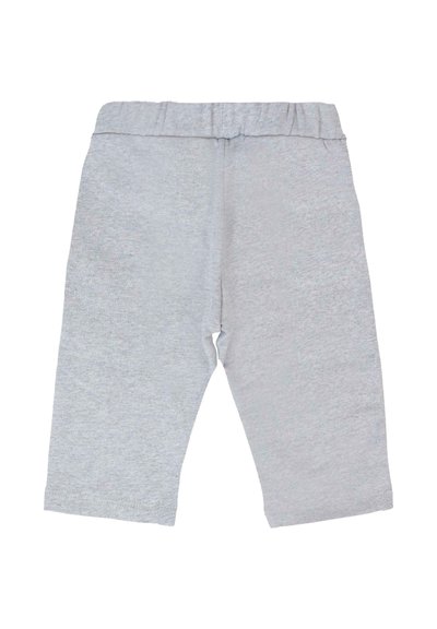 Grijze katoenen broek met een elastische tailleband, met een losse pasvorm en rechte snit van heup tot zoom, zonder extra details of patronen.