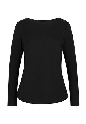 Schwarzes, figurbetontes Damenoberteil mit langen Ärmeln, rundem Halsausschnitt und leichter Taillierung.