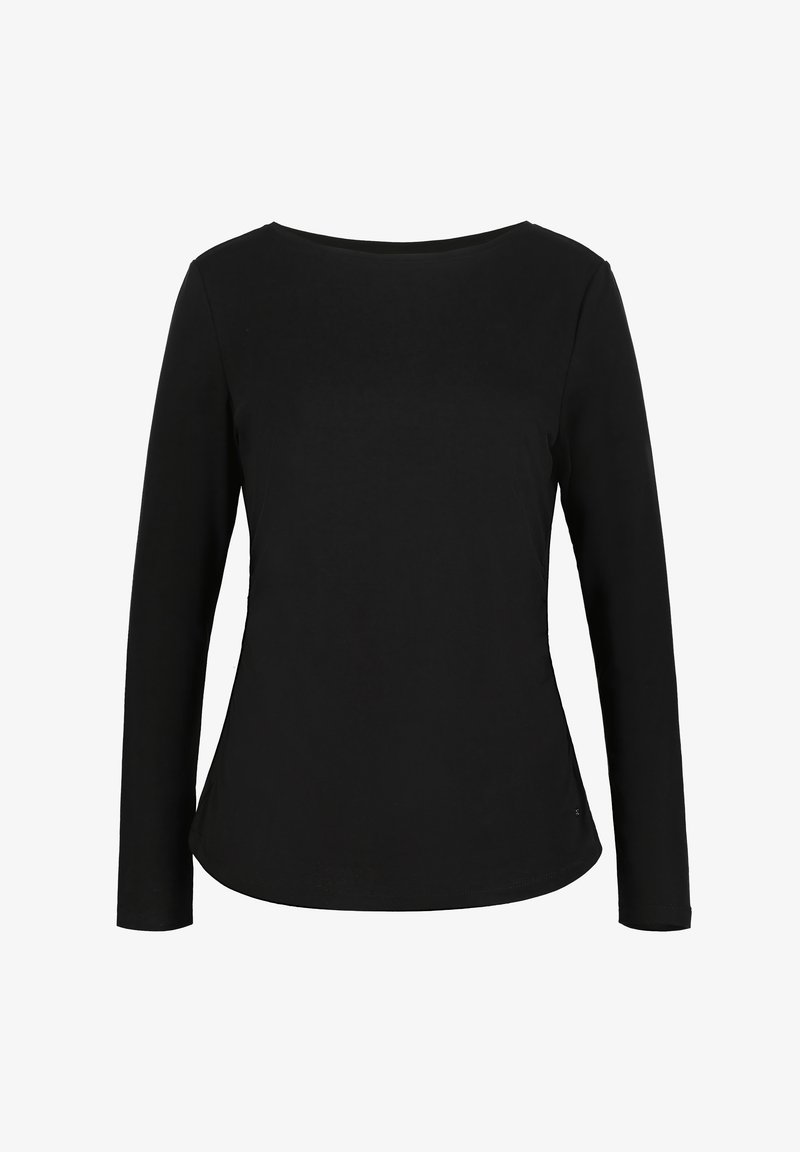 Černé dámské tričko s dlouhým rukávem, kulatým výstřihem a mírným zužováním v pase.