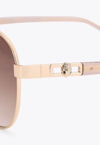 Lunettes de soleil en or avec une monture carrée, des verres dégradés bruns et un emblème décoratif doré et noir sur le détail de la branche.