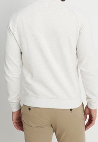 Felpa grigia chiara con scollo a girocollo, polsini e orlo a coste. Tessuto morbido con un delicato motivo moucheté, indossata con pantaloni beige.