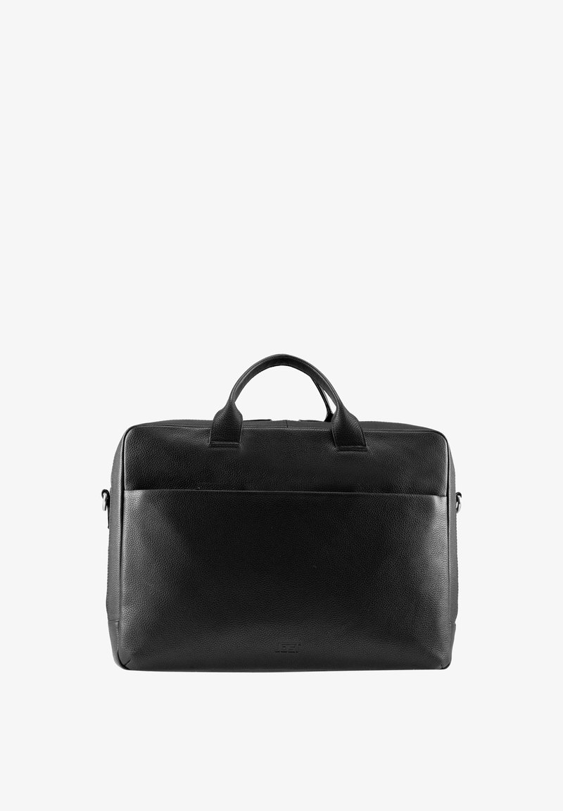 Mallette noire en cuir avec une finition texturée, double poignée supérieure, poche avant, et un design rectangulaire élégant. Détails de couture renforcée.