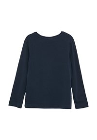 Marineblauw langärmige shirt gemaakt van zachte katoen. Rond de halslijn, eenvoudig ontwerp en gestikte mouwomslagen zonder patronen of graphics.