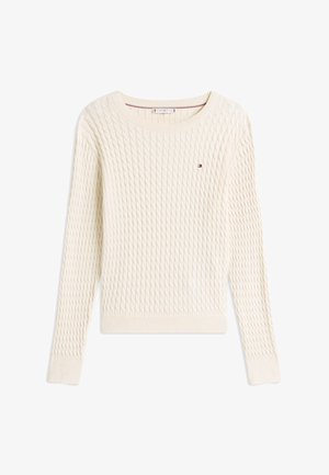 Kremfarget kabelstrikket genser med lange ermer, rund hals og liten Tommy Hilfiger-logo på brystet.
