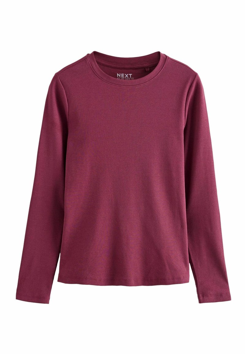Long-sleeve crew neck top in solid plum color, ribbed texture, simple design, with brand label "NEXT" inside neckline.