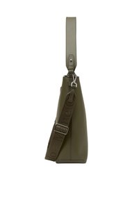 Sac à main structuré vert olive avec une bandoulière en tissu réglable, comportant un texte subtil et une poignée supérieure avec des accessoires en métal argenté.