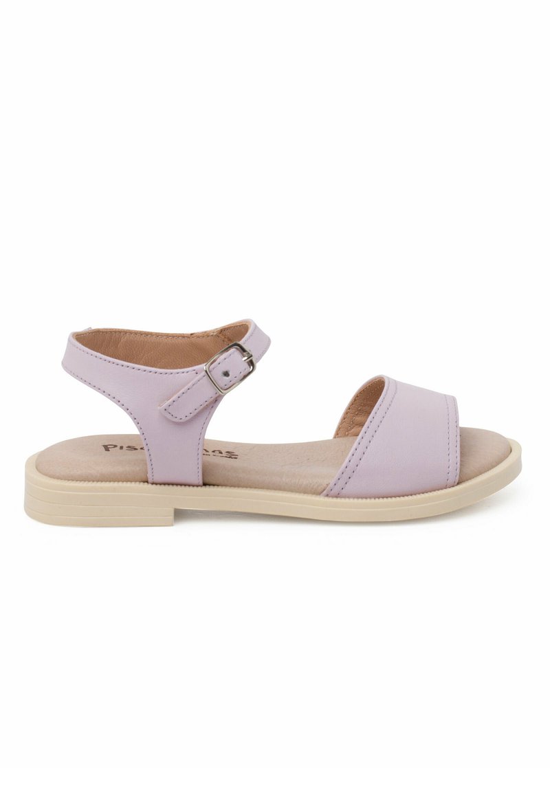 Purple leather sandal with an ankle strap, open toe, flat cream-colored sole, and a buckle accent near the ankle.