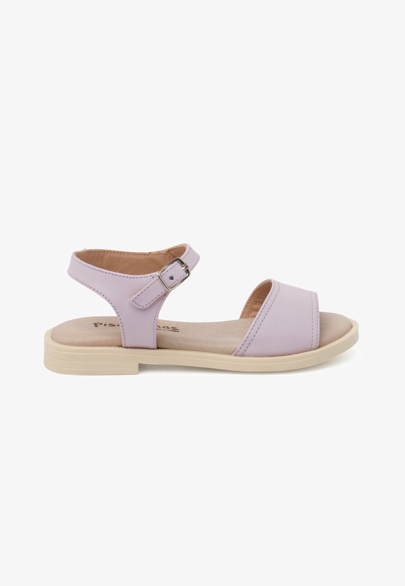 Purple leather sandal with an ankle strap, open toe, flat cream-colored sole, and a buckle accent near the ankle.