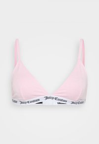 Rozā kokvilnas bralette ar plānām siksnām un baltu joslu, uz kuras attēlots melns "Juicy Couture" logo. Gluda tekstūra ar trīsstūrveida kausiem.