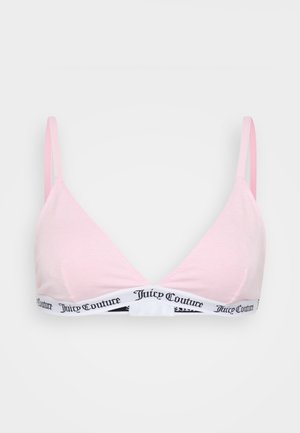 Roosa puuvillane bralette õhukeste rihmadega ja valge bändiga, millel on must "Juicy Couture" logo. Sile pind ja kolmnurksed karpad.