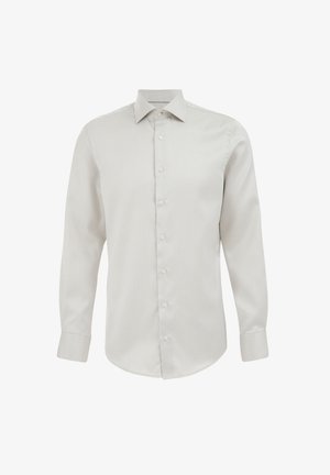 Srajca z dolgimi rokavi in gumbnico v svetlo sivi tkanini. Ima klasičen ovratnik, sprednjo gumbnico z gumbi in zaobljen rob. Gladka tekstura.