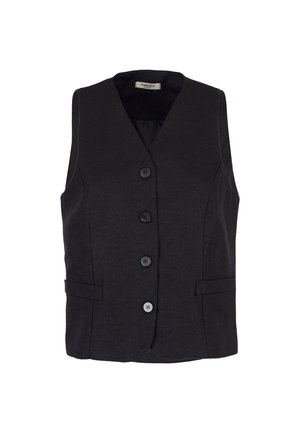 Gilet nero su misura senza maniche con quattro bottoni frontali e due tasche orizzontali a fessura.