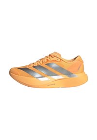 Orange athletic shoe with a breathable mesh upper, silver three-stripe design, and a textured outsole. Features a cushioned sole for support.