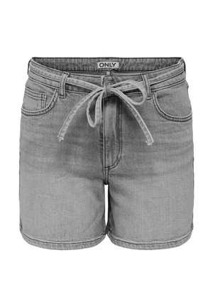 Grå denimshorts med snøring i livet, fem lommer og rullet kant. Stoffet har en glatt tekstur med subtil falming.