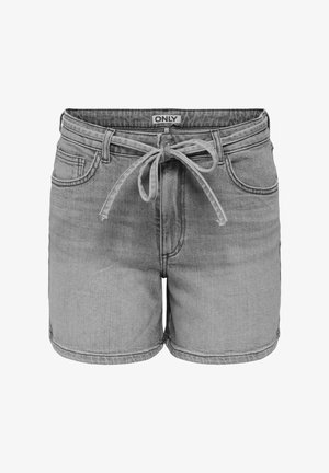 Calções de ganga cinza com cintura elástica, design de cinco bolsos e bainha dobrada. O tecido tem uma textura suave com um desvanecimento subtil.