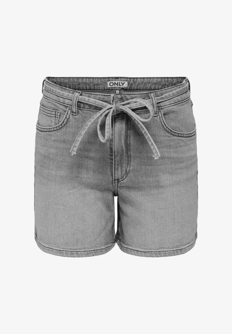 Gray denim shorts with a drawstring waist, five-pocket design, and rolled hem. Fabric has a smooth texture with subtle fading.