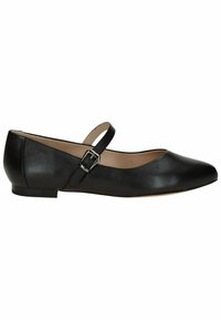 Bailarinas de cuero negro con punta redondeada, una correa delgada con una hebilla de metal y un tacón bajo. Textura suave y diseño minimalista.