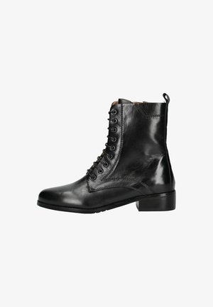 Schwarze Leder-Ankle-Boots mit glatter Oberfläche, Schnürdesign, runder Zehenpartie und niedrigem Blockabsatz. Besitzt Nähdetails und eine Zuglasche hinten.