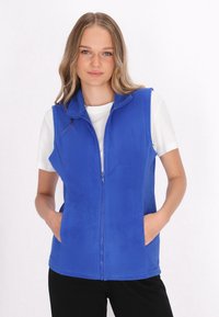 Fleece-Weste in leuchtendem Blau mit einem Reißverschluss an der Vorderseite, Stehkragen und zwei vorderen Taschen. Getragen über einem weißen Hemd, glatte Textur.