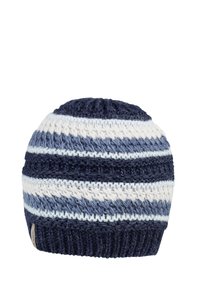 Knit beanie in navy, light blue, and white stripes. Soft texture, rounded top, and a ribbed cuff at the bottom. Subtle brand tag on the side.