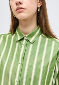 Νεαρή γυναίκα που φοράει πουκάμισο με κάθετες πράσινες και λευκές ρίγες και χρυσούς κρίκους στα αυτιά, με ίσια καστανά μαλλιά.